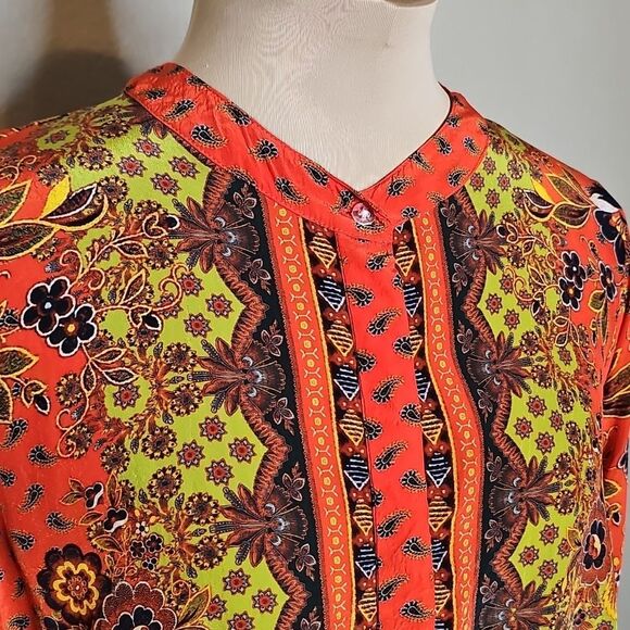 Lior Paris Red Orange Floral Patterned Button Front‎ Long Sleeve Top Medium - Picture 3 of 9